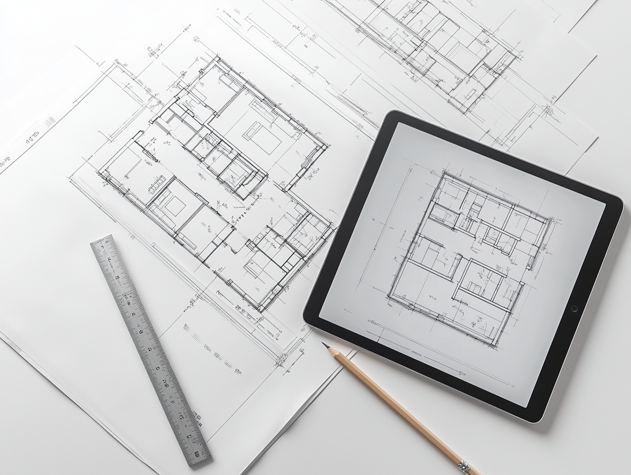 Plans techniques et modèle BIM sur écran d'ordinateur